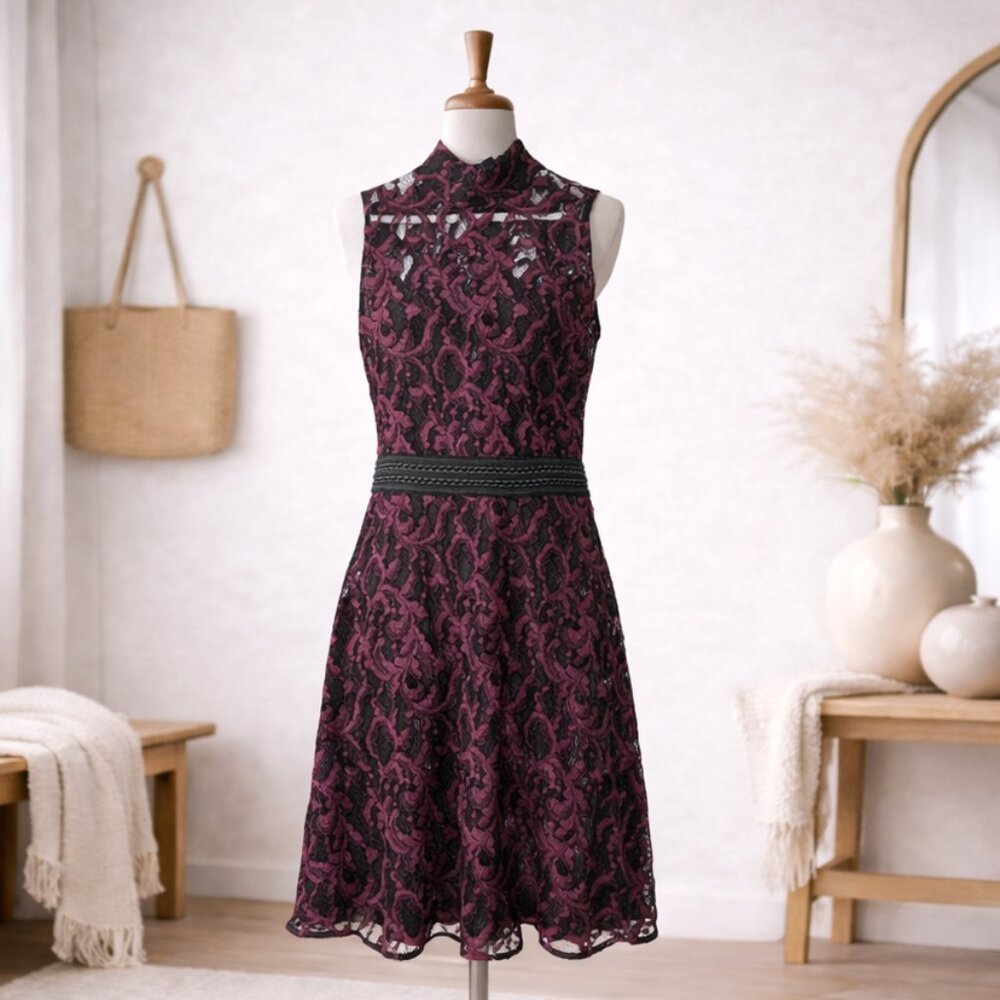 Rachel Roy Lace Cocktail Dress Size 6 Black & Magenta High Neck Fit and Flare